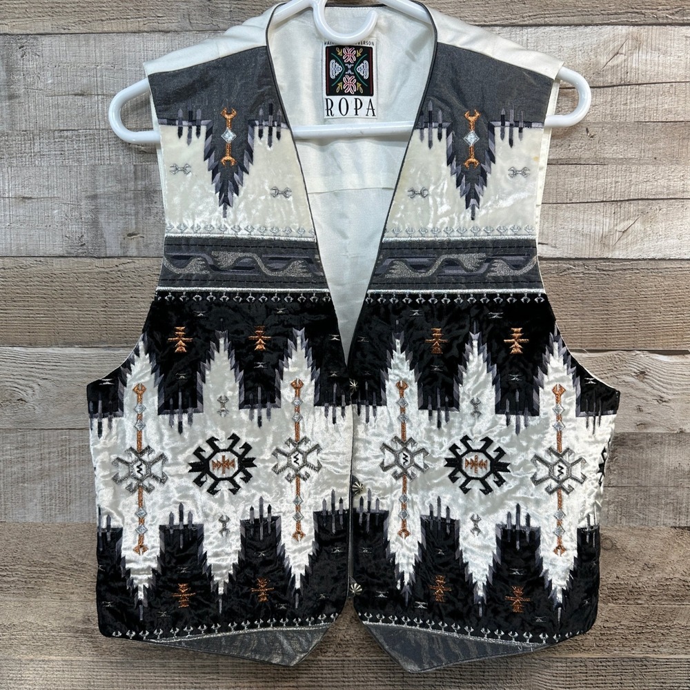 ROPA Western Aztec Print Velvet Vest Women's‎ Large Black White Metallic